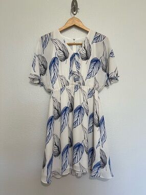 Reiss White Midi Dress with Blue and Gray Leaf Print